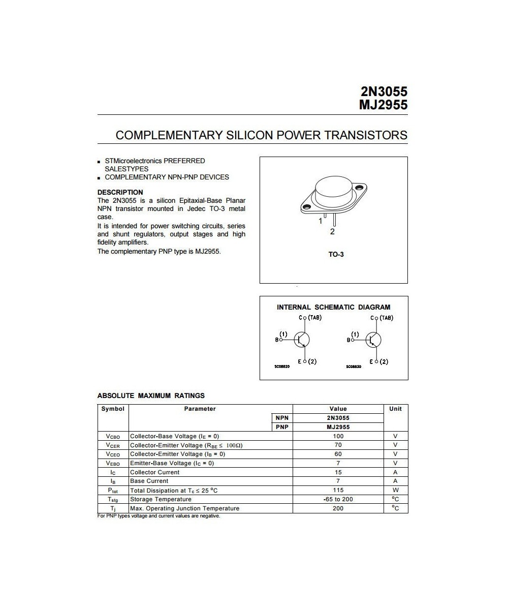 Transistor NPN 2N3055 15A 100V 115W