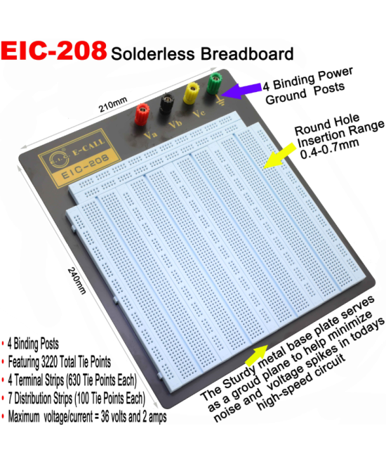 Placa de pruebas para laboratorio 3220 puntos 240x210mm EIC-108