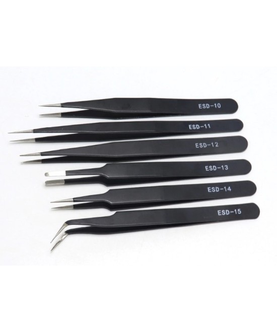 Set de pinzas antiestáticas de acero inoxidable 6 piezas