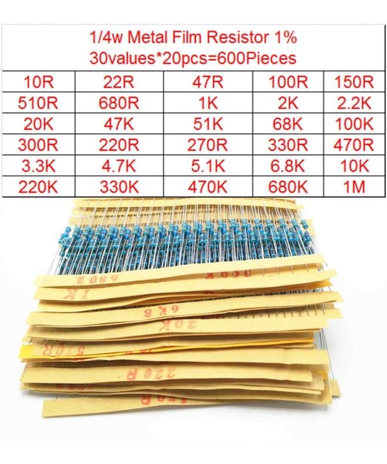 Resistencias con 30 valores 1/4W (600 unidades)