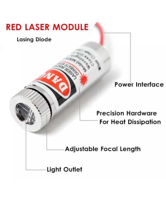 Modulo laser foco ajustable 5mW, 650nm 5V Lineal/Cruz/Punto rojo