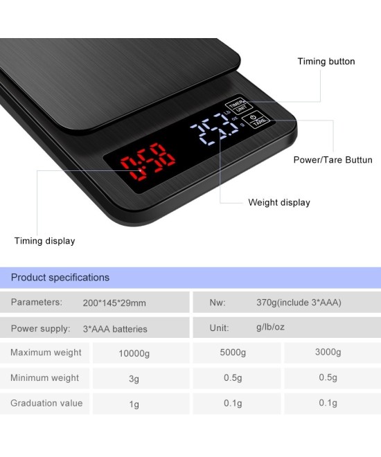 Balanza Digital de Alta Precision con Temporizador 10Kg