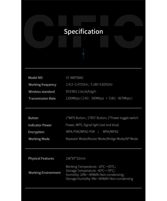 Amplificador y repetidor wifi dualband Comfast 2.4 / 5.8GHZ 1200mbps CF-WR758AC