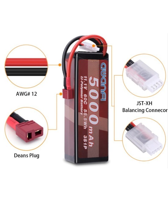 Batería tipo LiPo recargable 11.1V 60C 5000mAh 55.5Wh 3S1P AWANFI
