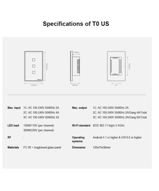 Interruptor Tactil de pared inteligente Wifi Sonoff T0US