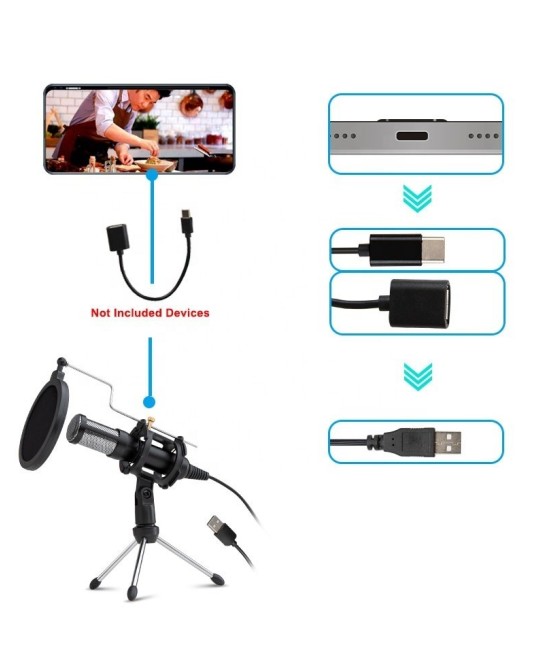 Micrófono de condensador USB con trípode y filtro