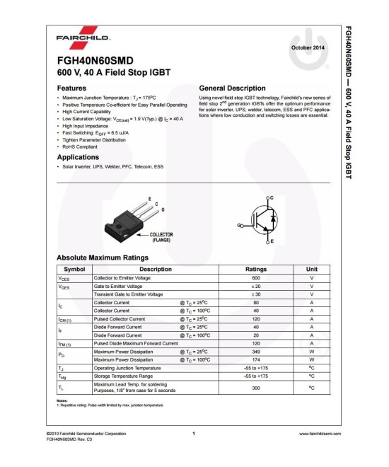 Transistor de Potencia IGBT FGH40N60SMD 600V 40A (TO-247)