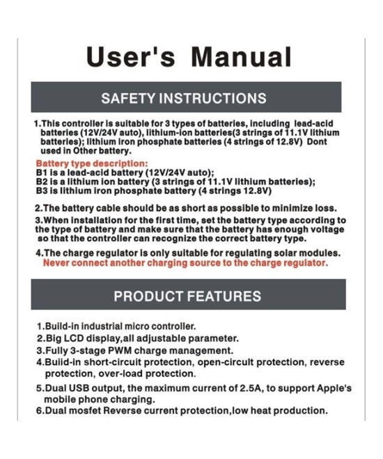 Controladores de Carga Solar 10A/20A/30A/60A 250w