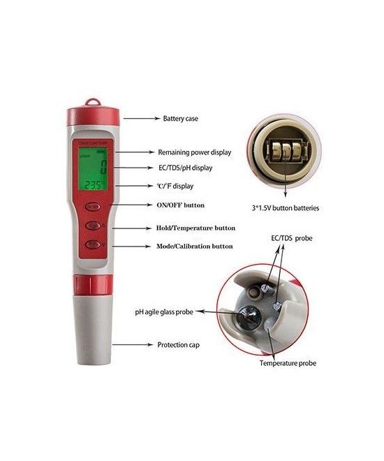 Medidor Digital de PH/EC/TDS/Temperatura 4 en 1 EZ-9908
