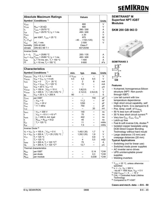 Modulo Transistor IGBT de Alta Potencia SKM-200-GAL-063-D 600V 200A