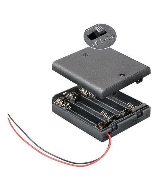 Contenedor de 4 baterias AA cerrado con interruptor ON/OFF color negro