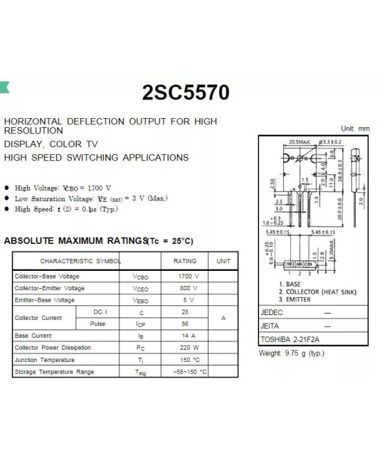 Transistor de Potencia Bipolar Toshiba 2SC5570 NPN 28A 800V (TO-3P)