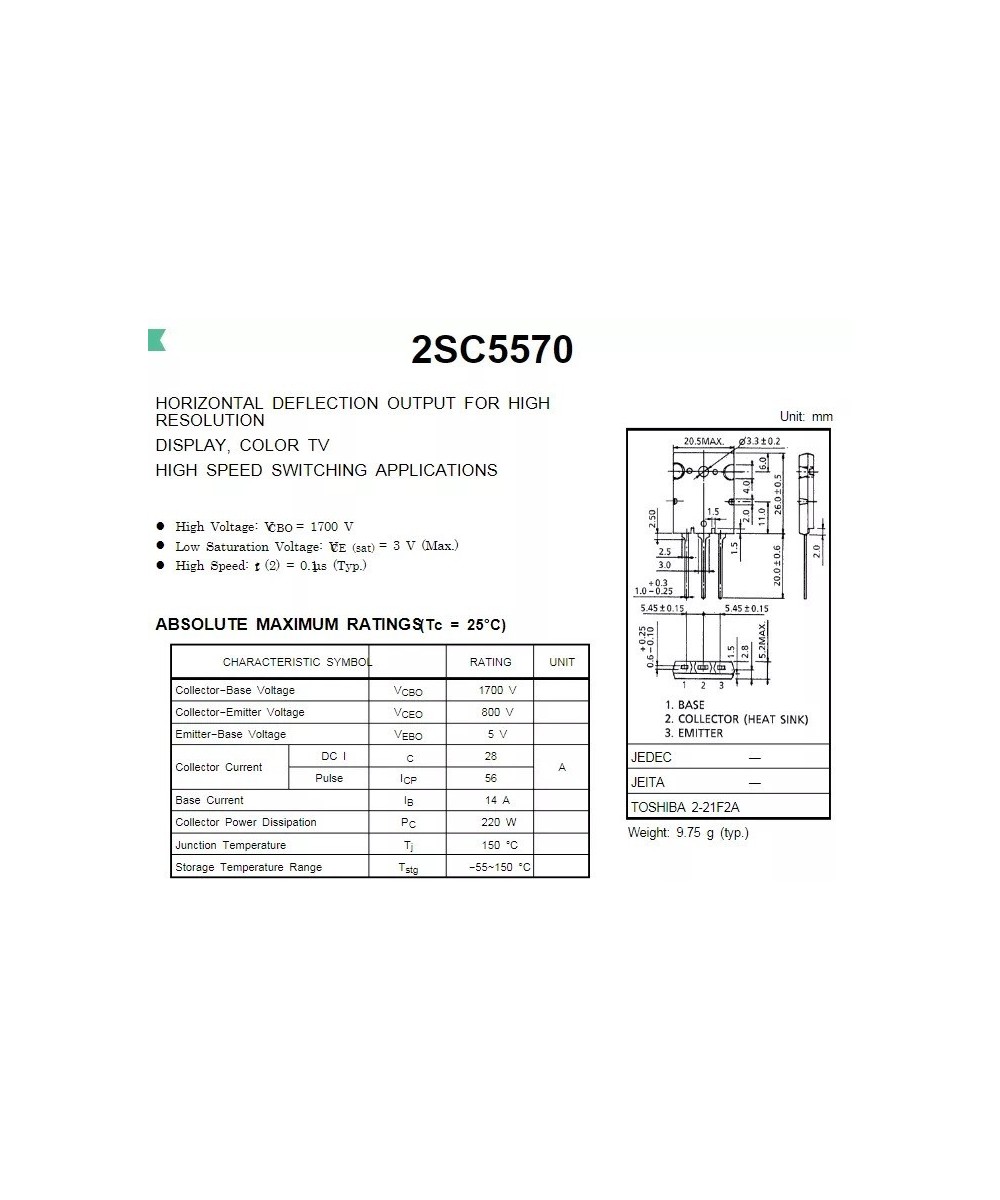 Transistor de Potencia Bipolar Toshiba 2SC5570 NPN 28A 800V (TO-3P)