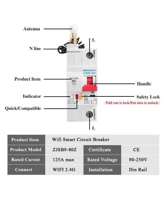 Interruptor de Energia Inteligente Breaker WIFI 1 - 2 Polos 63-80A ZJSB9-125Z