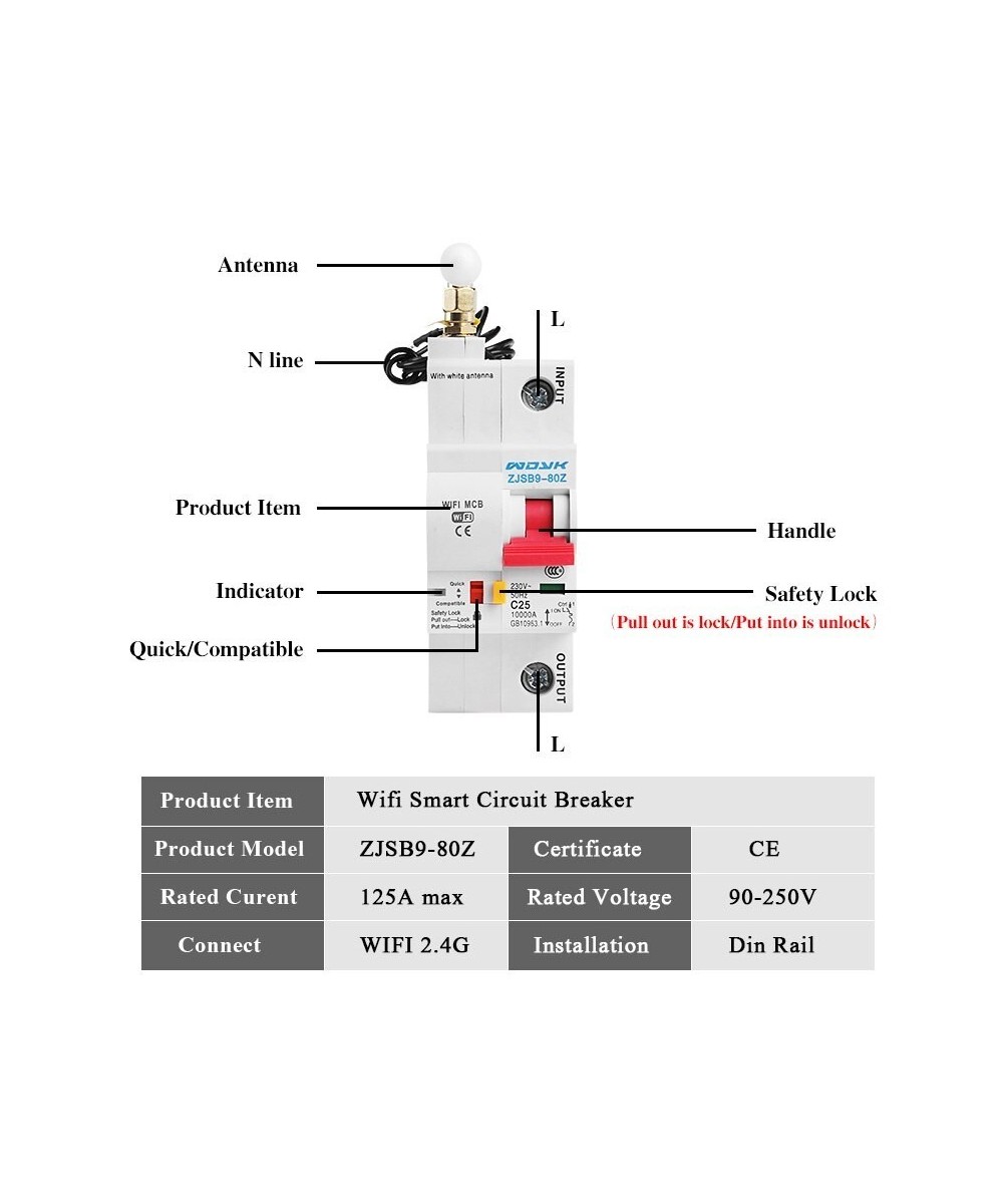 Interruptor de Energia Inteligente Breaker WIFI 1 - 2 Polos 63-80A ZJSB9-125Z