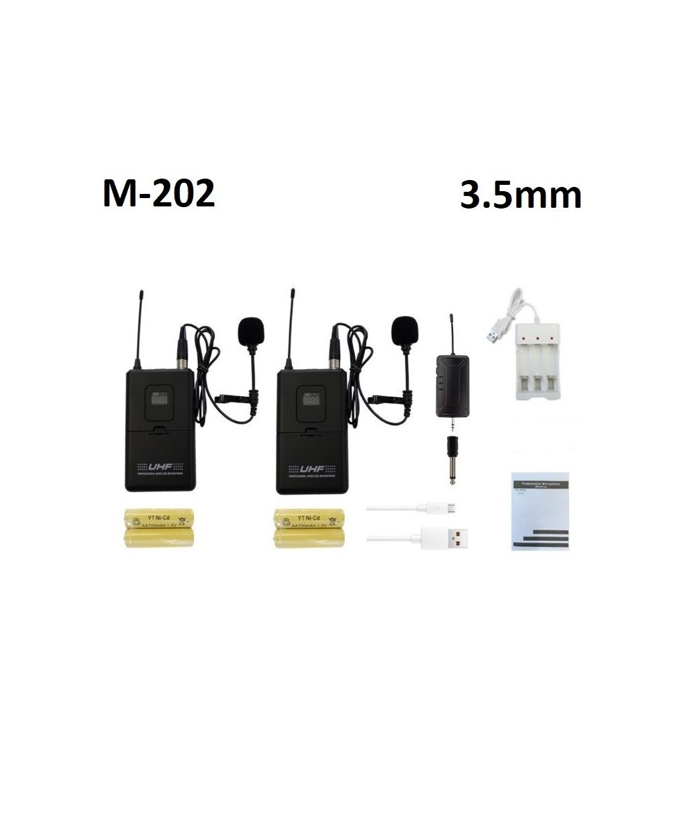 Microfonos Inalambricos M-202 UHF con 1 Receptor 3.5mm y 2 Transmisores