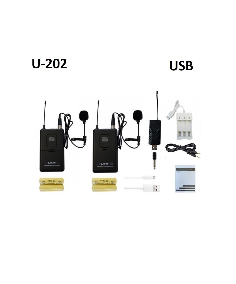Micrófonos Inálambricos U-202 UHF con 1 Receptor USB y 2 Transmisores