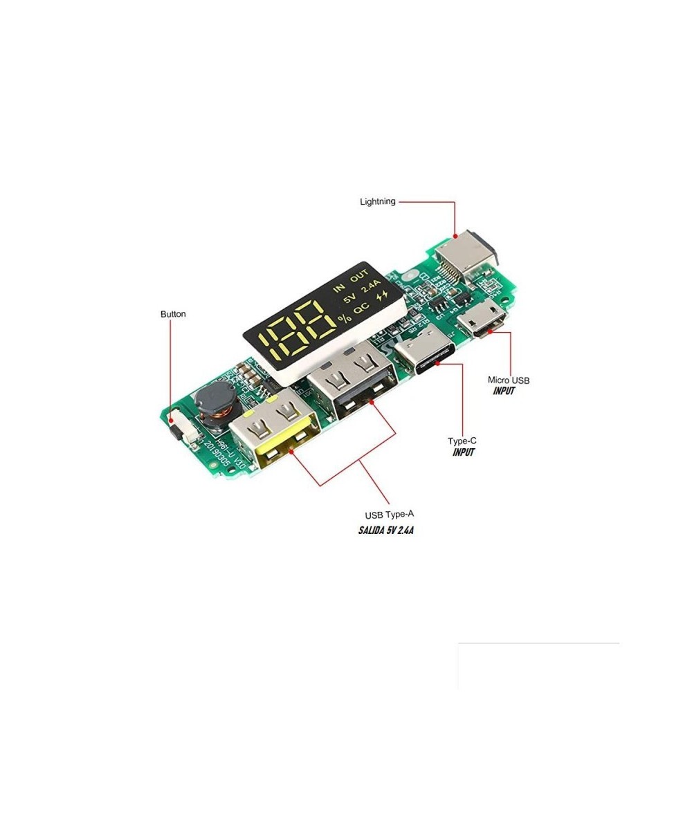 Modulo de Carga para Baterias de Litio 18650 5V 2.4A Input USB-C/Lightning/Micro USB BMS