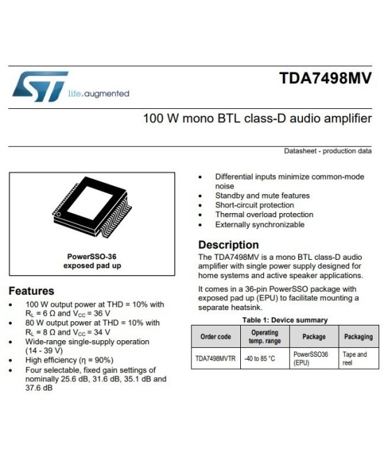 Amplificador de Audio TDA7498 100W Mono (SMD )