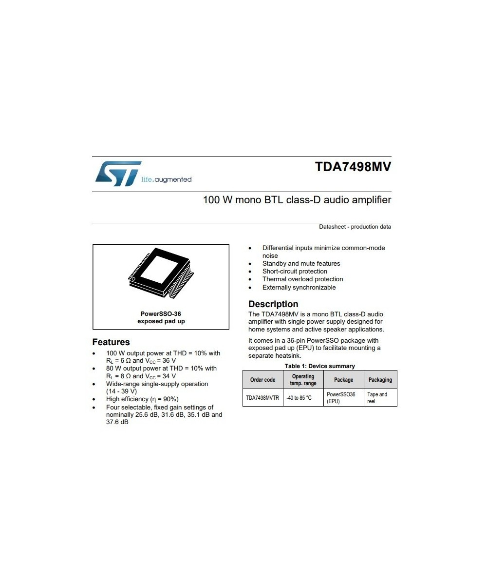 Amplificador de Audio TDA7498 100W Mono (SMD )
