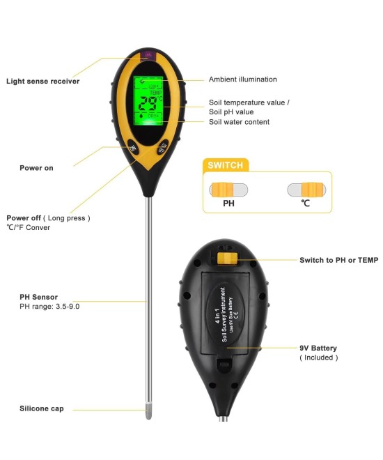 Medidor de PH/Temperatura de Suelo 4 en 1
