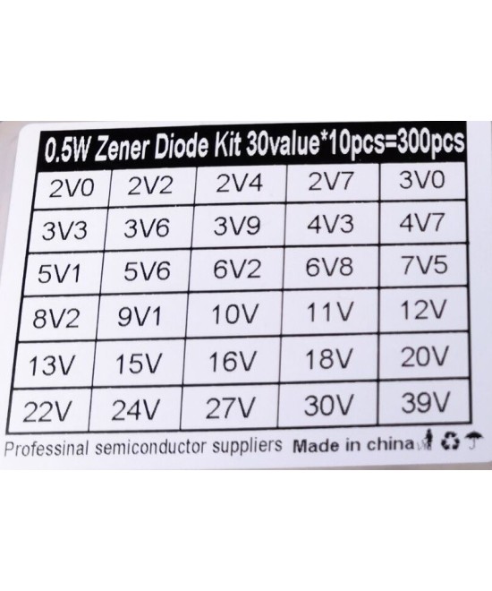 Set de Diodos Zener 1/2W 30 Valores 300 Unidades