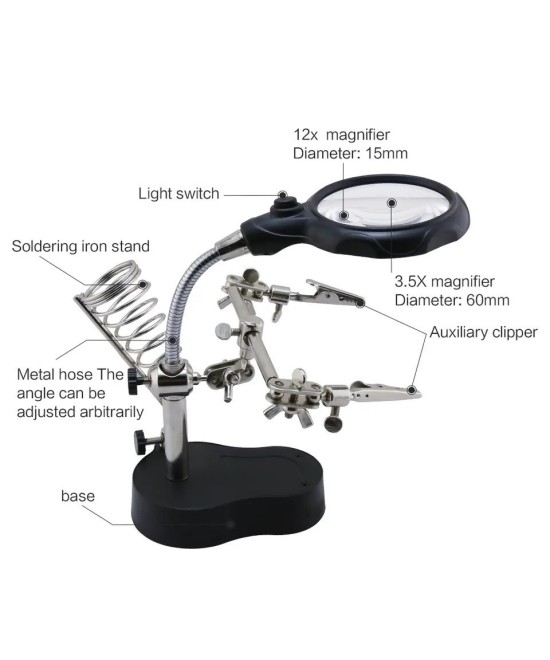 Lupa con Pinzas Sujetadoras y Luz LED TE-801