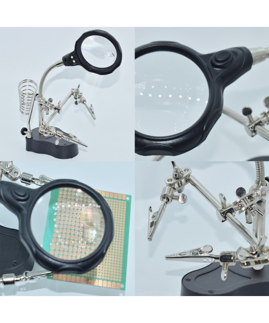 Lupa con Pinzas Sujetadoras y Luz LED TE-801