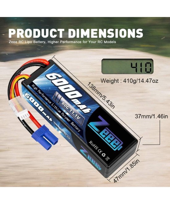 Bateria tipo lipo recargable Zeee 6000mAh 11.1V 80C 3S 66.6Wh conector EC5