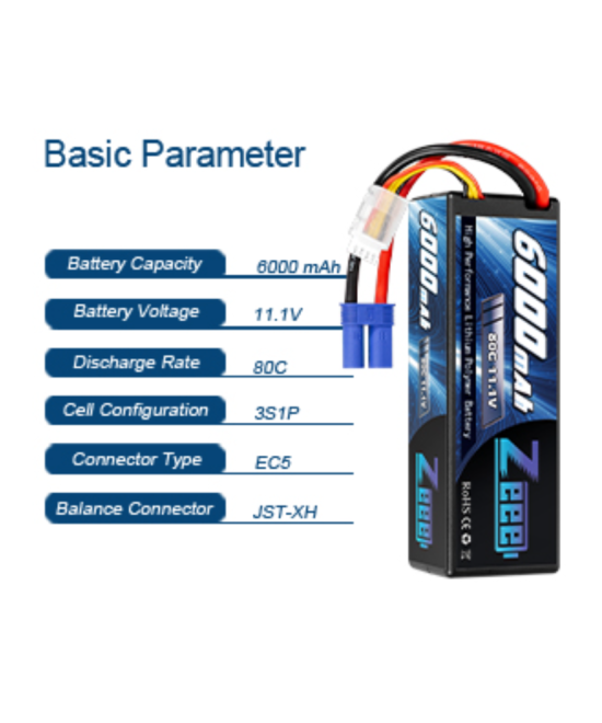 Bateria tipo lipo recargable Zeee 6000mAh 11.1V 80C 3S 66.6Wh conector EC5