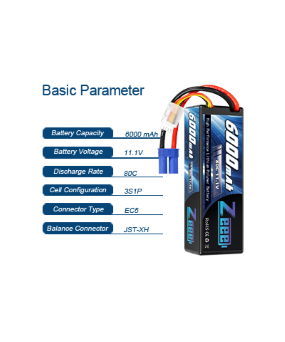 Bateria tipo lipo recargable Zeee 6000mAh 11.1V 80C 3S 66.6Wh conector EC5
