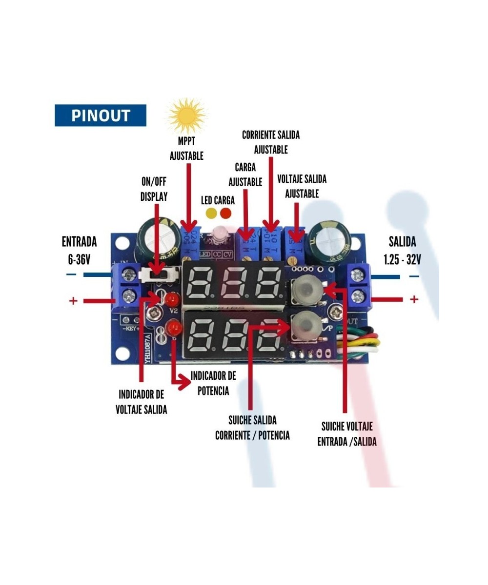 Controlador de carga solar MPPT DC-DC de 6-36V a 1.25-32V 5A