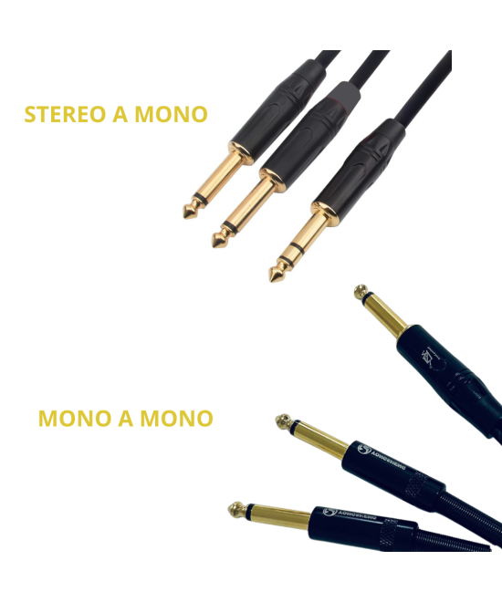 Cable para audio 1/4 (6.35mm) a 1/4 (6.35mm) stereo a mono y mono a mono doble 2M