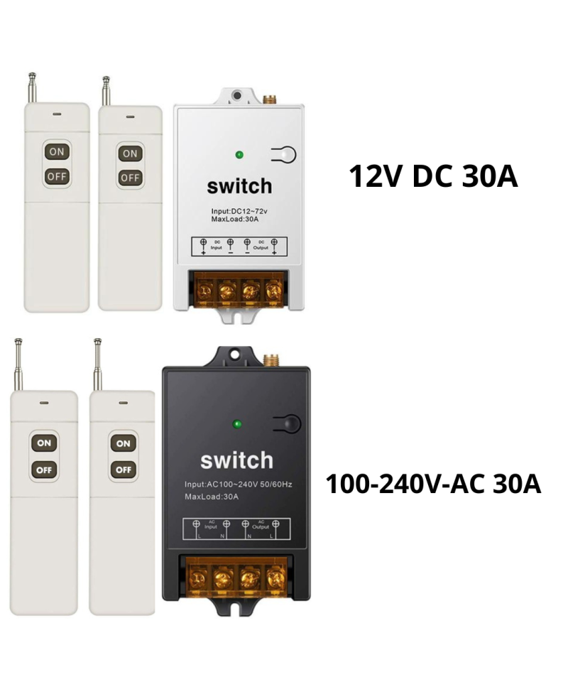 Interruptor Remoto Inalambrico 1.5Km 100-240VAC /12-72VDC 50/60Hz 30A y 12V DC 30A 315MHZ