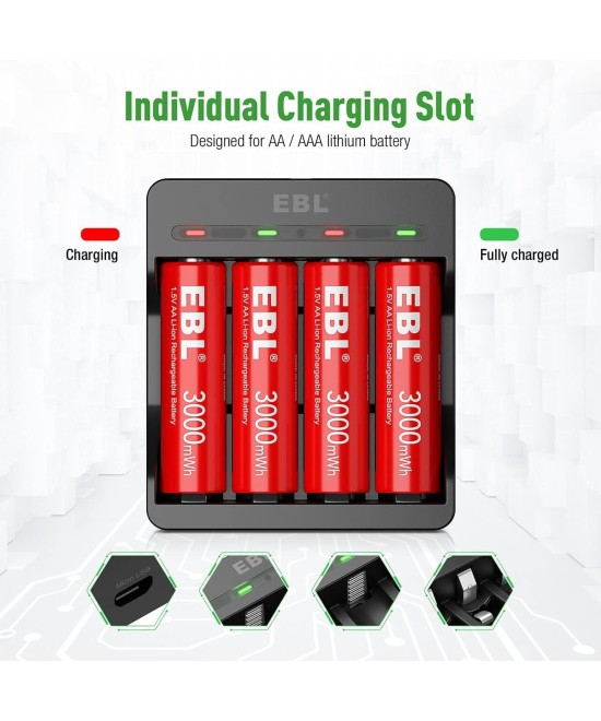 CARGADOR DE BATERÍAS DE LITIO EBL PARA BATERIAS AA / AAA DE 1.5V