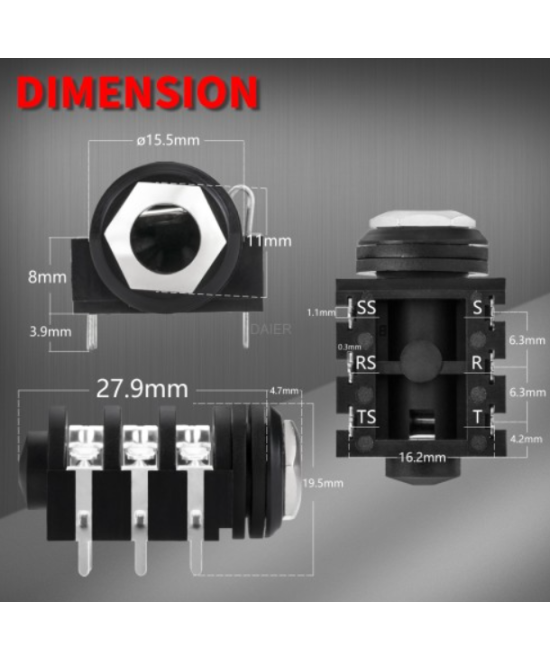 Conector hembra 6 pines para PCB 6.35mm 1/4 Mono/Stereo