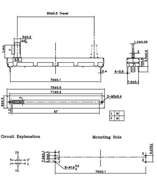 Potenciometro deslizante recto de doble canal 10K 75mm