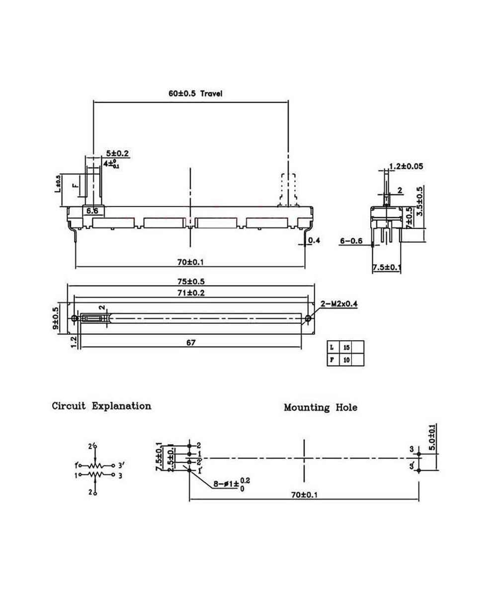 Potenciometro deslizante recto de doble canal 10K 75mm