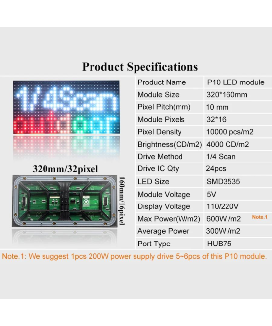 Panel LED P10 RGB SMD3535 16x32 Con Controlador HD-WF4 Wifi