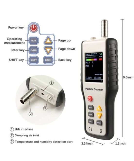 Medidor de calidad de aire (contador de particulas) recargable HTI HT-9600