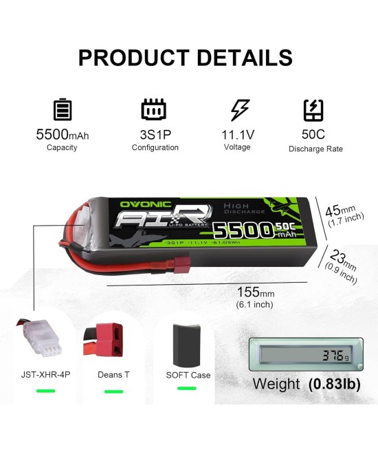 Bateria Tipo LiPo recargable 11.1V 50C 3S OVONIC 5500mah
