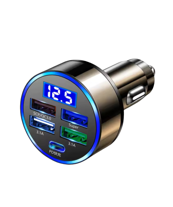 Adaptador de carga de cigarrera para vehiculo 5 puertos USB PD QC3.0 USB-C 250W