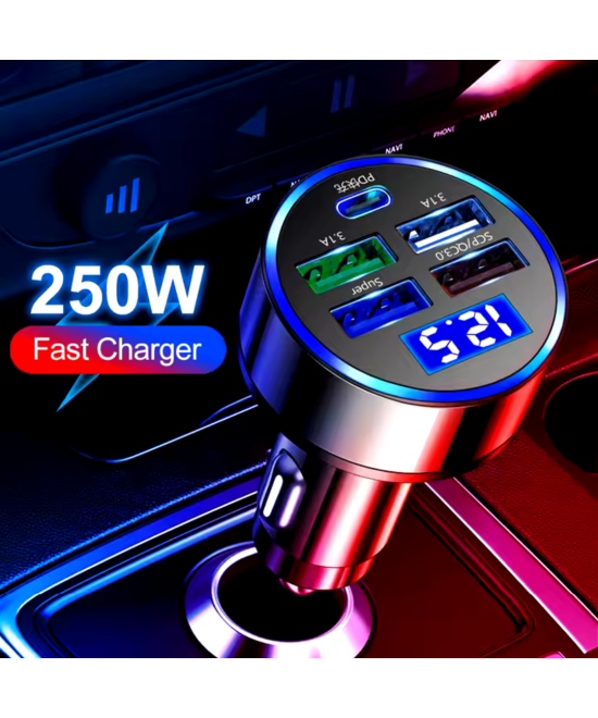 Adaptador de carga de cigarrera para vehiculo 5 puertos USB PD QC3.0 USB-C 250W