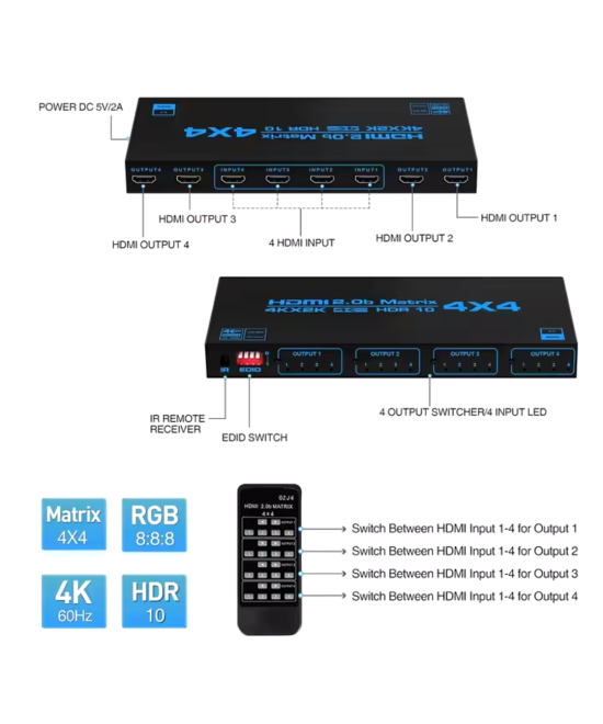 Conmutador de matriz HDMI 4K 60HZ 4 entradas 4 salidas