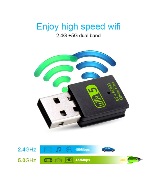 Adaptador USB WIFI y Bluetooth 2 en 1 banda dual 2.4G y 5.8G 600MBPS
