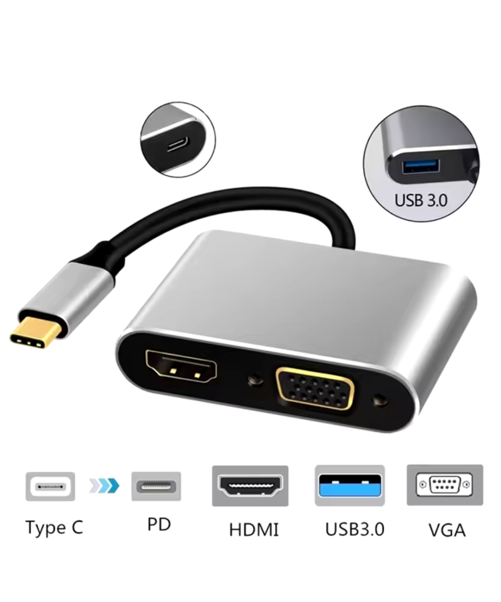 Adaptador USB-C A HDMI+VGA+USB+PD