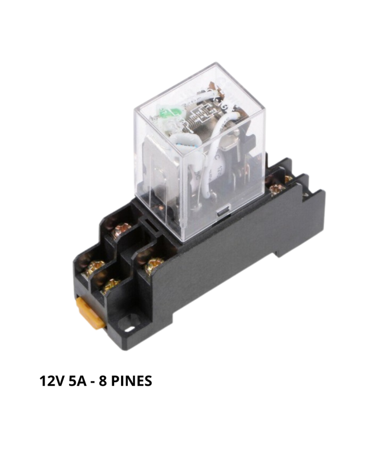 Rele electromagnético 12/24V DC - 110VAC 5A 8 y 11 pines con base para riel DIN