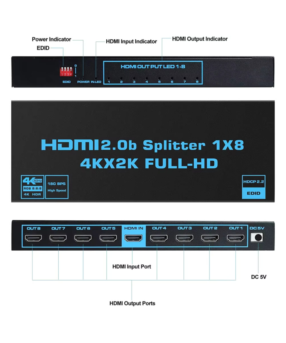 Separador de video HDMI 1 Entrada a 8 Salidas 4K