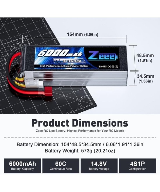 Bateria tipo lipo recargable Zeee 6000mAh 14.8V 60C 4S 88-8Wh conector Tipo T