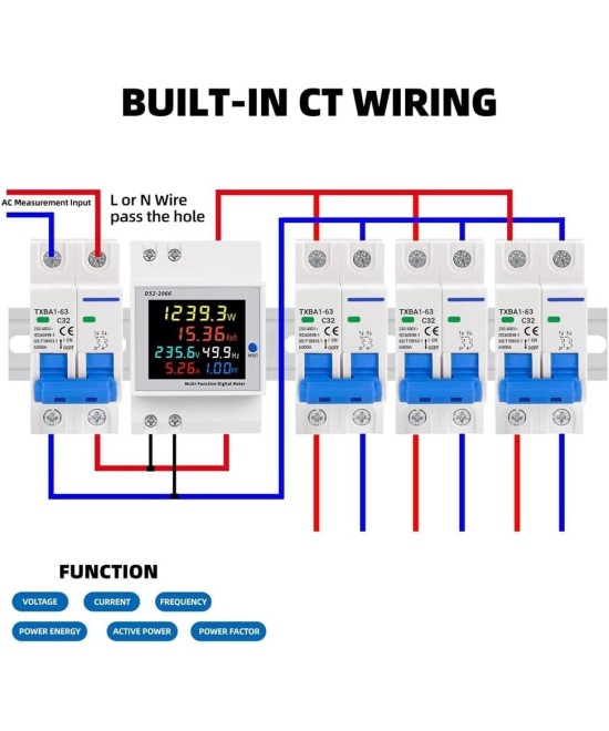 Monitor de Voltaje y Corriente Multifuncion para riel din AC40-300V 100A D52-2066